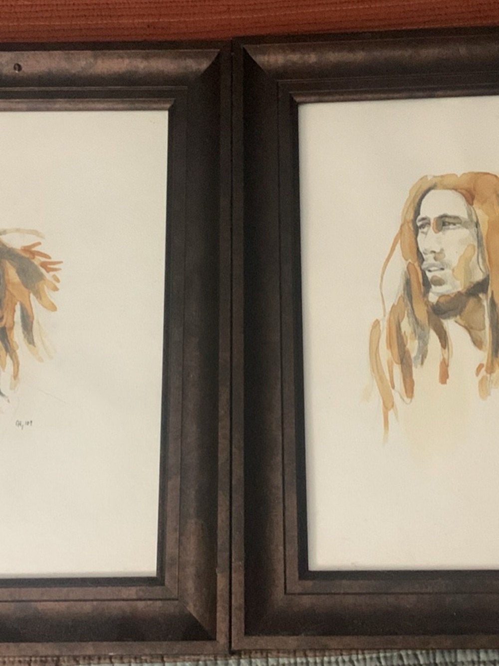 Framed Watercolor Portraits in Brown Wood Frames